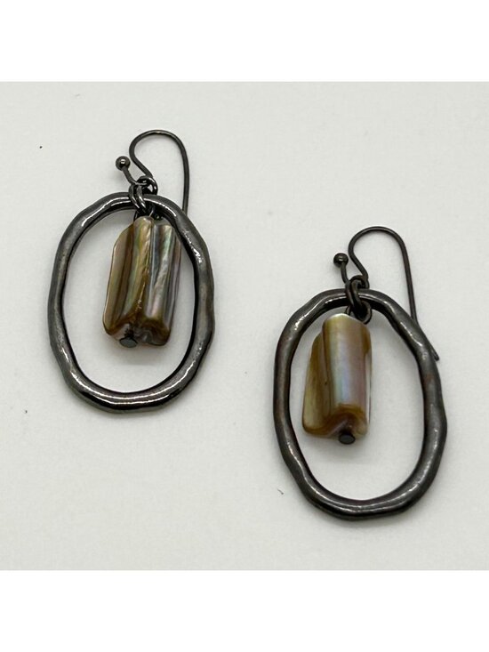 Estate Jewelry - Handmade Silver Tone Earrings Mother Of Pearl Abalone Shell Oval Frame Dangle